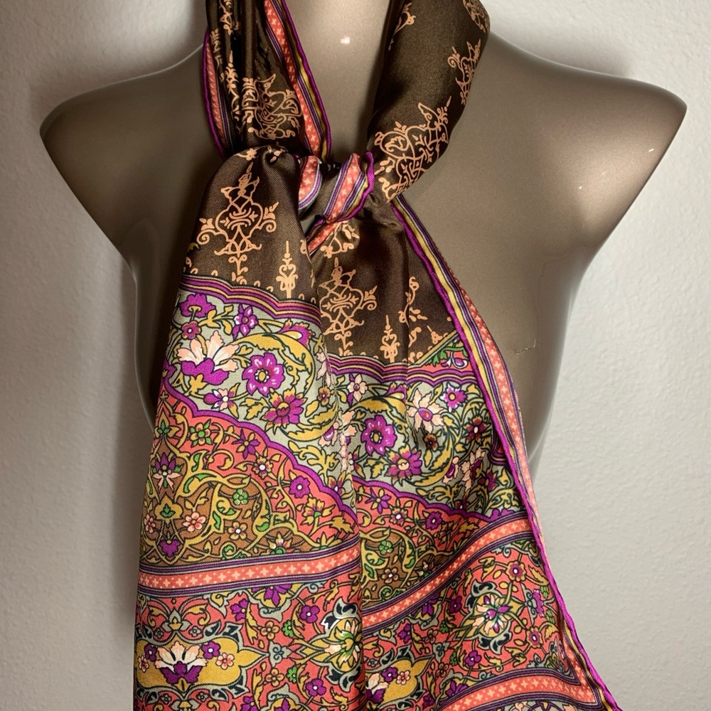Royal Doulton Elegant Floral Brown 52 1/2 X 11 1/2 inches Silk Scarf - Picture 1 of 7
